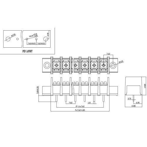 7.62mm 나사 펜스 타입 귀를 가진 PCB 터미널 블록